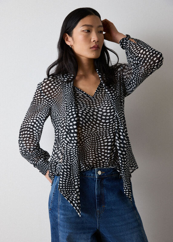 Black Mixed Spot Scarf Sheer Blouse