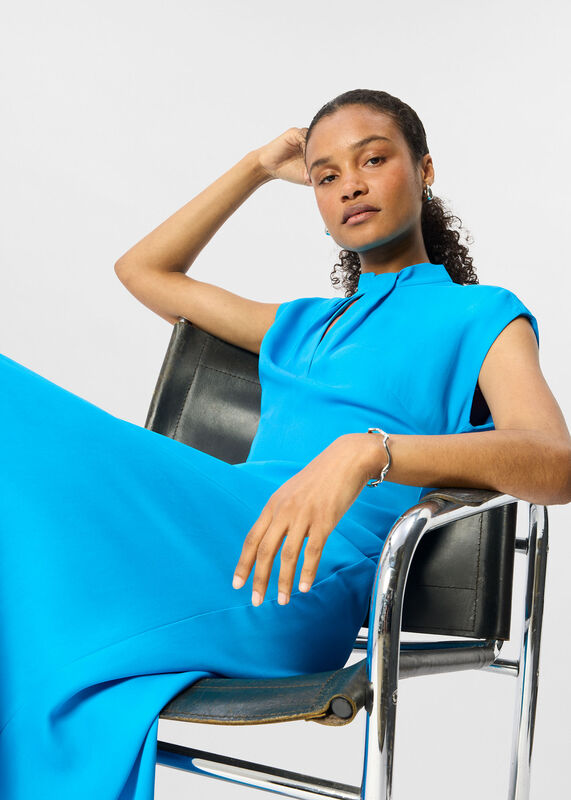 Blue Twist Neck Crepe Midi Dress