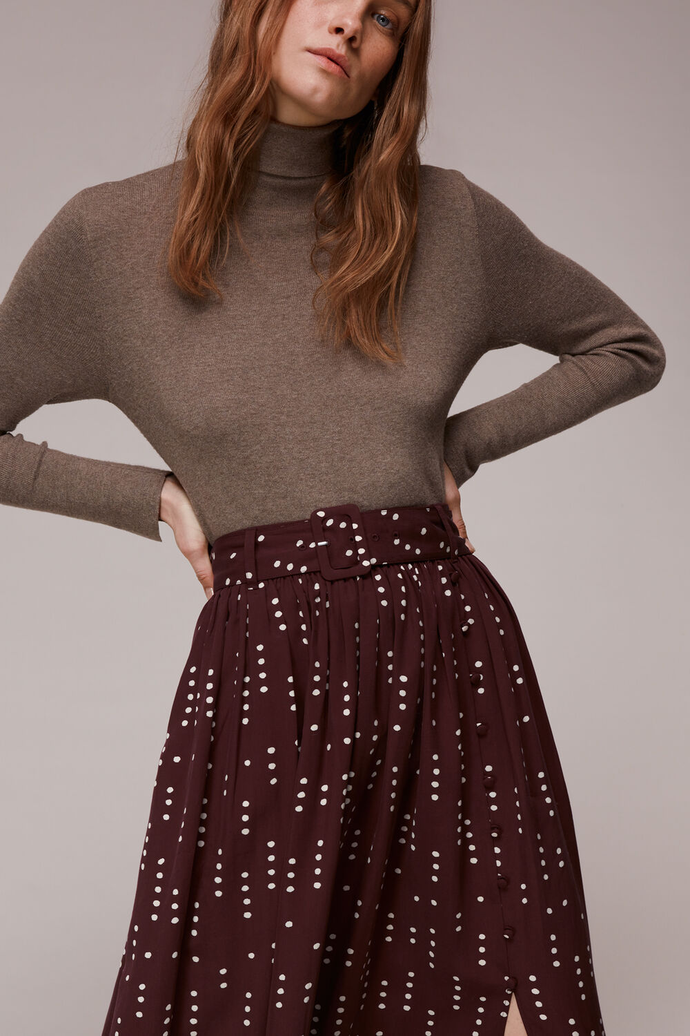 Dash Dot Belted Midi Skirt