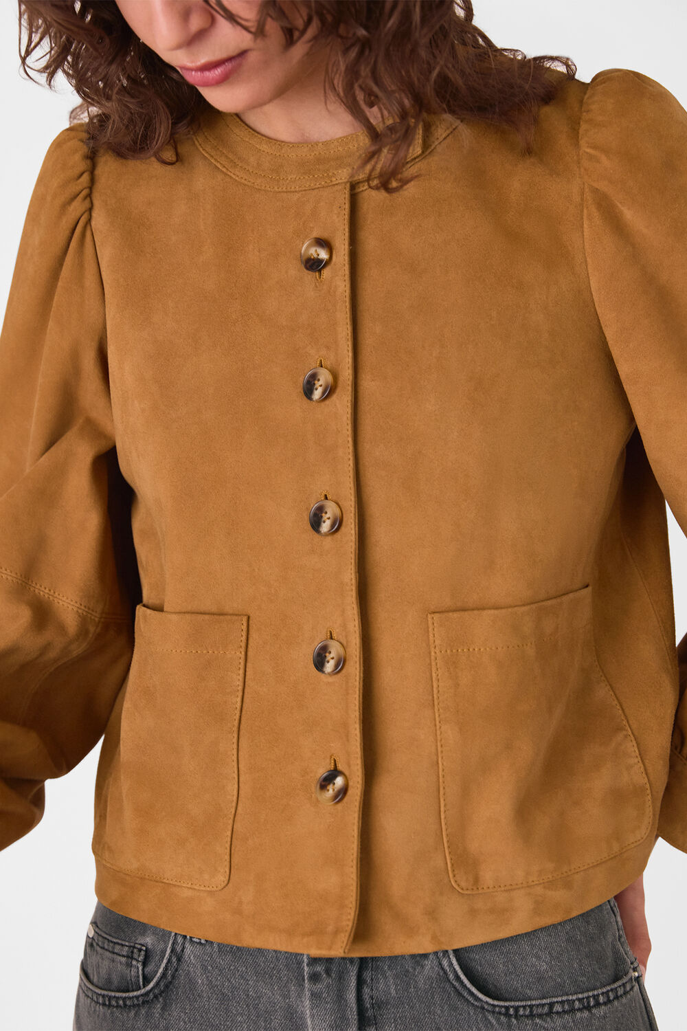 Camel Button Front Suede Jacket