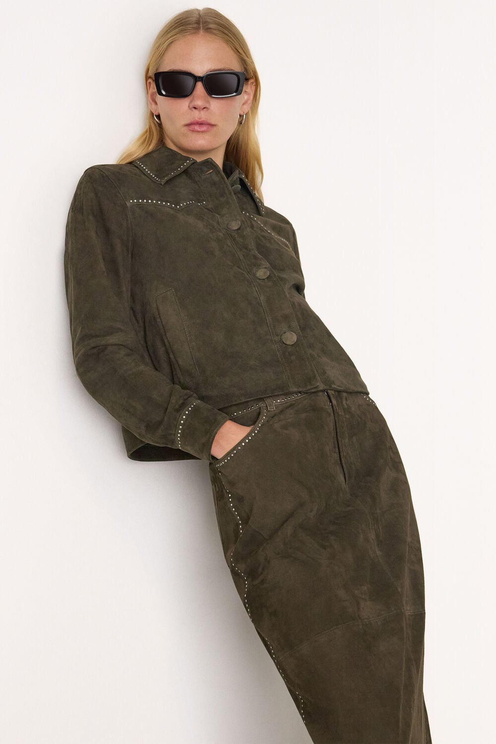 Olive Suede Leather Studded Jacket