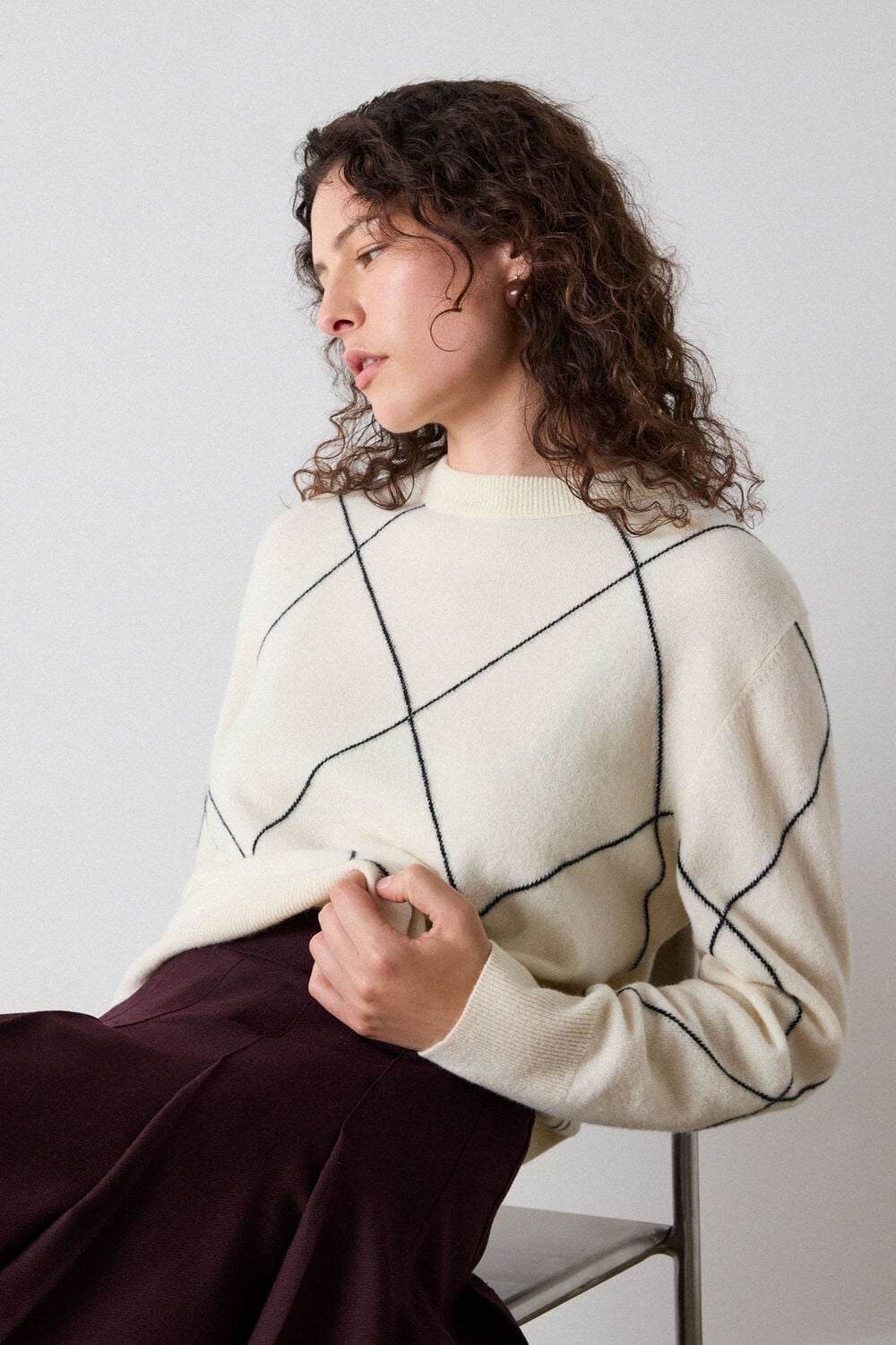 Ivory Wool Contrast Diamond Knit