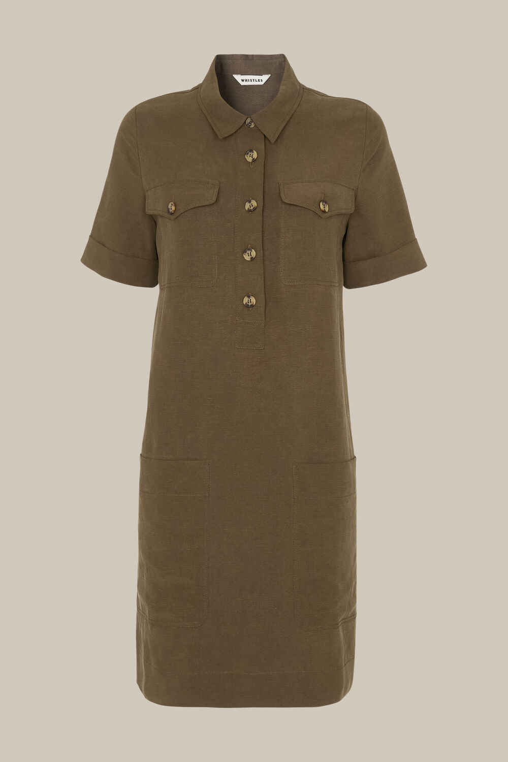 Pocket Detail Linen Mix Dress Khaki