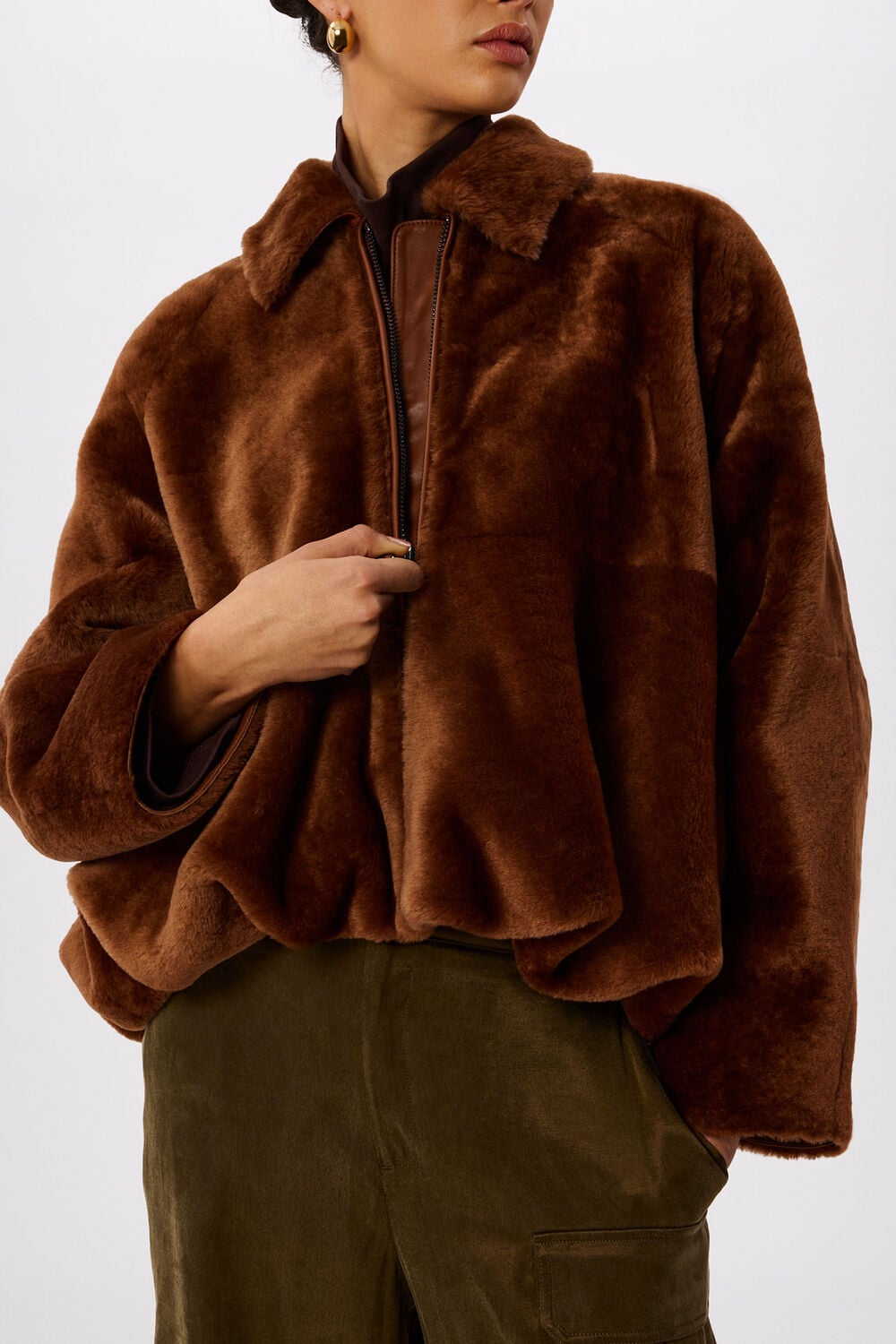 Chocolate Gathered Shearling Jacket