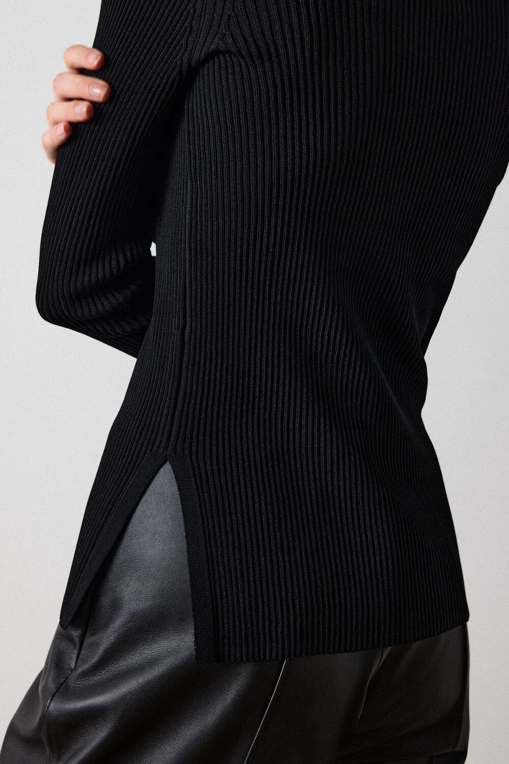 Black Rib Knit Slash Neck Top