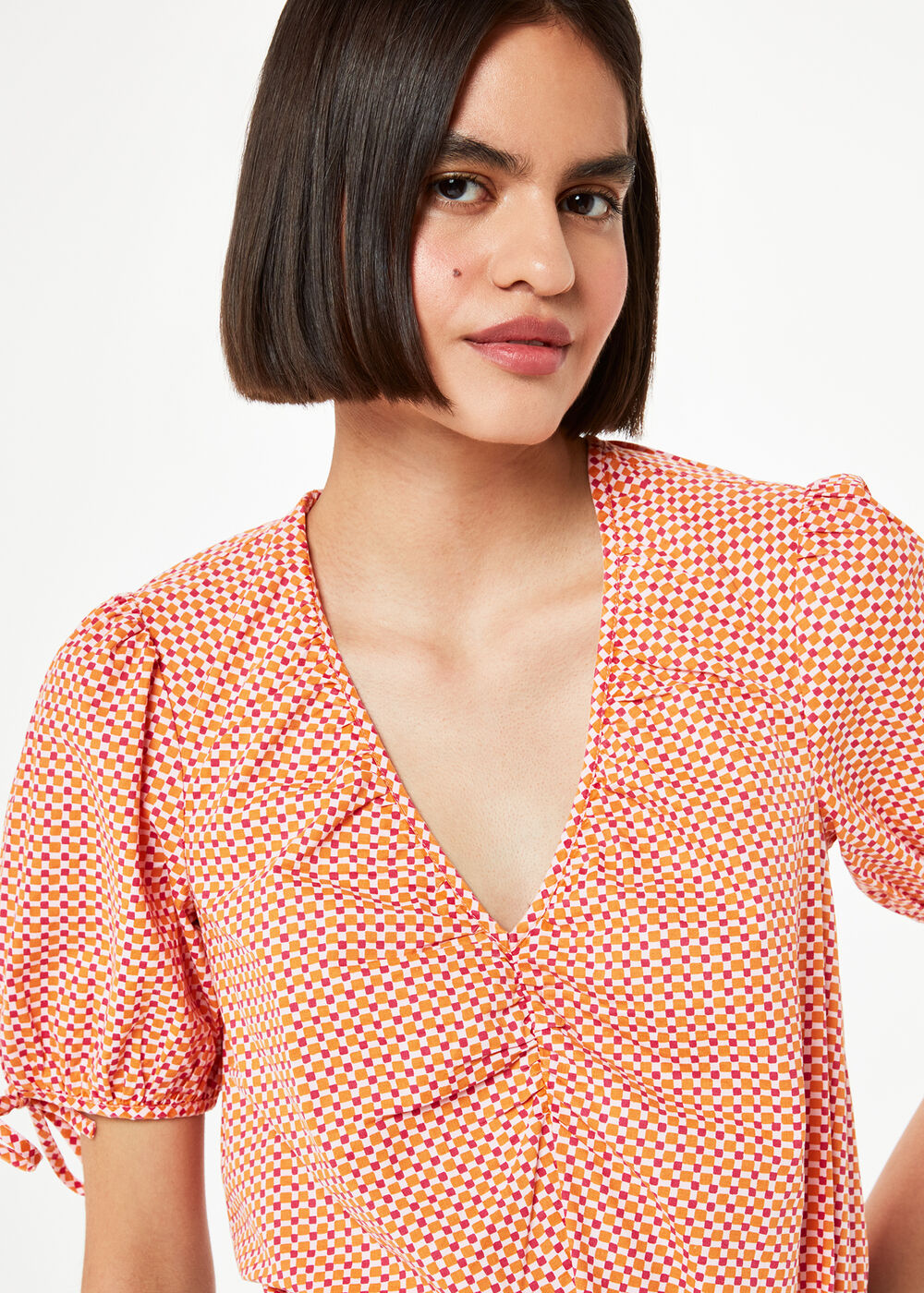 Ditsy Square Ruched Front Top