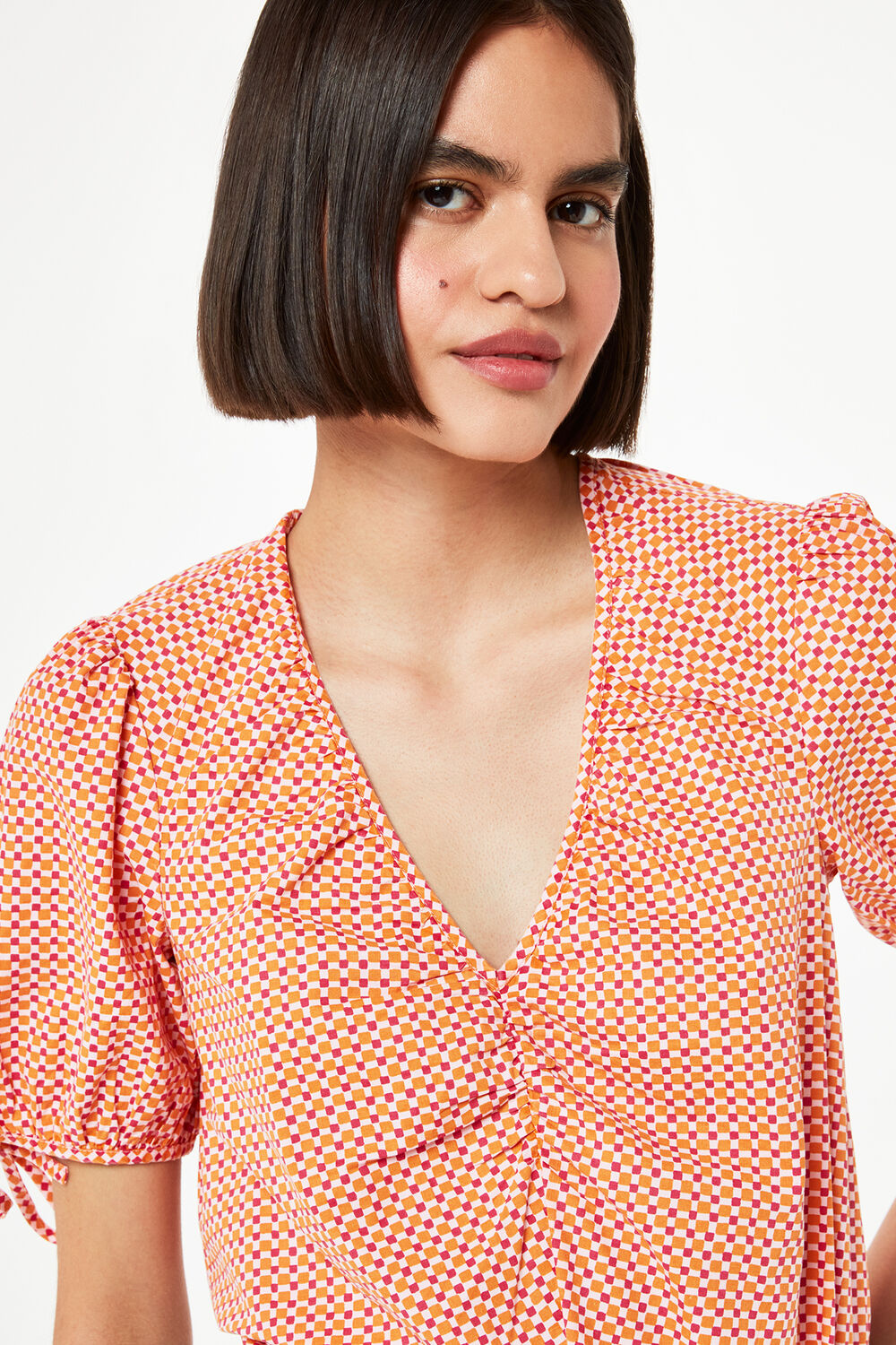 Ditsy Square Ruched Front Top