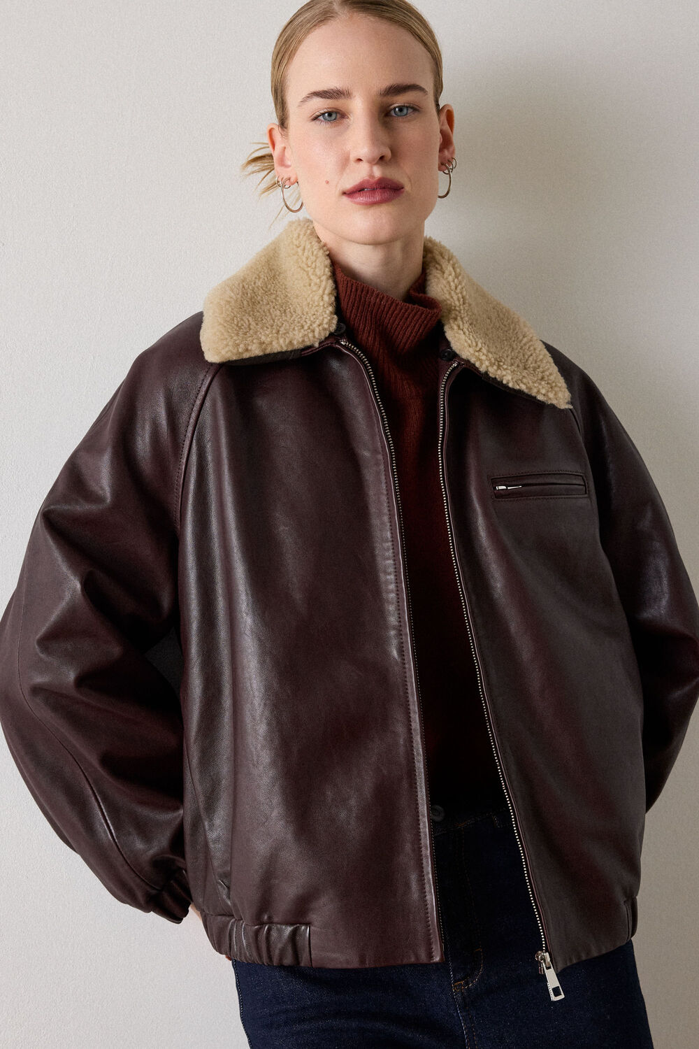 Burgundy Shearling Trim Leather Bomber