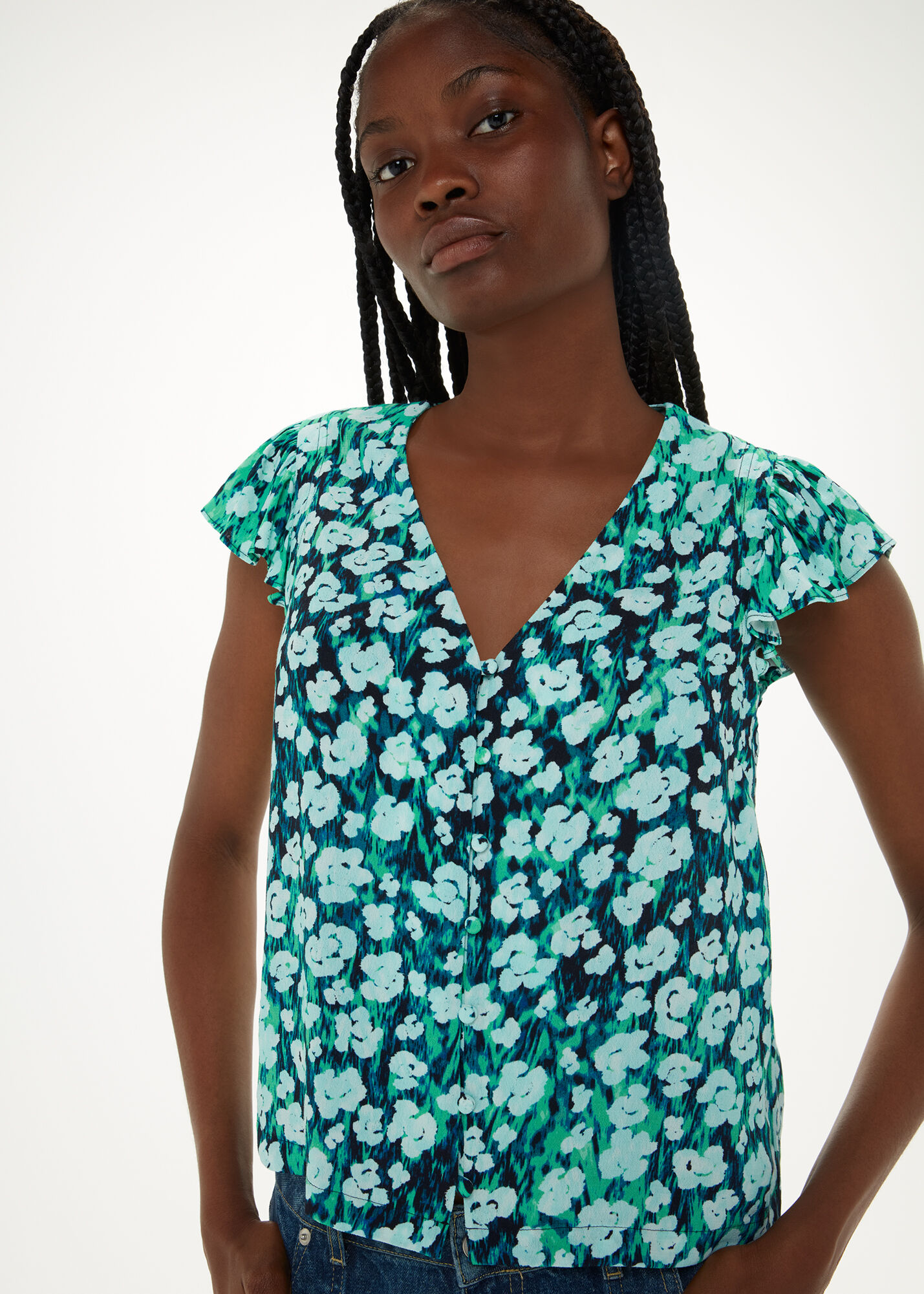 Green/Multi Floral Petal Frill Top | WHISTLES |