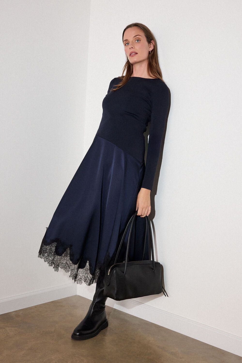 Navy Knit Hybrid Lace Trim Dress