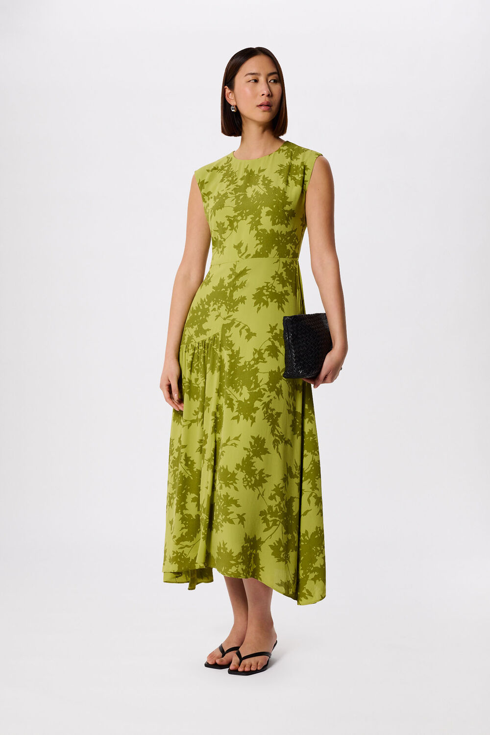 Green floral sleeveless asymmetric midi dress