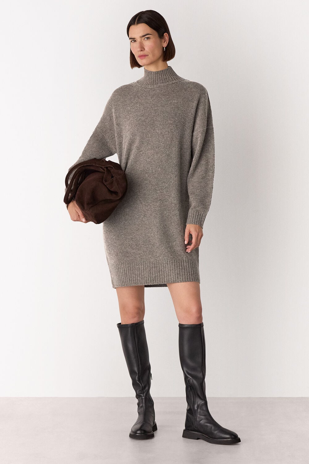 Taupe Funnel Neck Wool Mini Dress