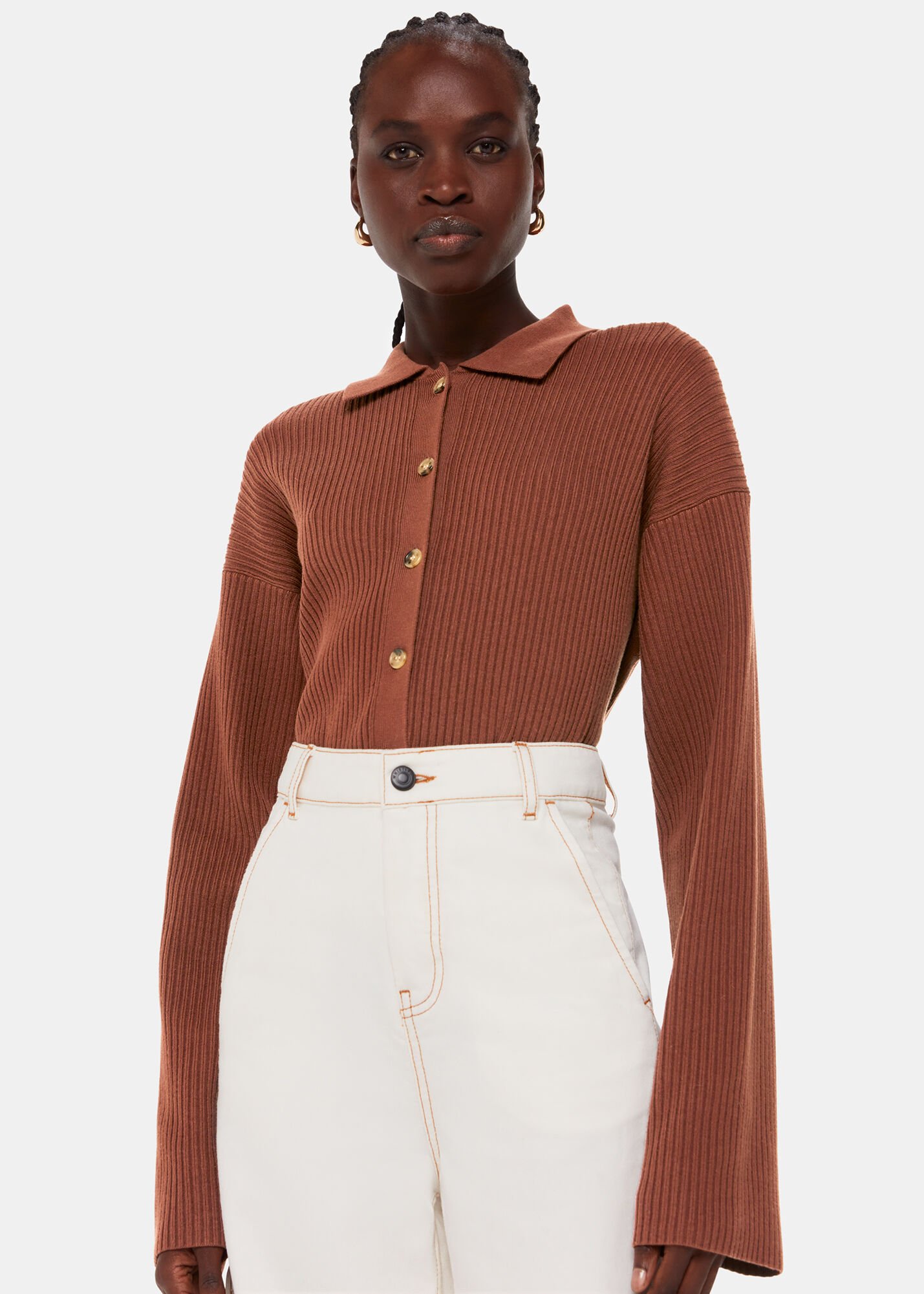 Brown Rib Collar Cardigan | WHISTLES | Whistles US |