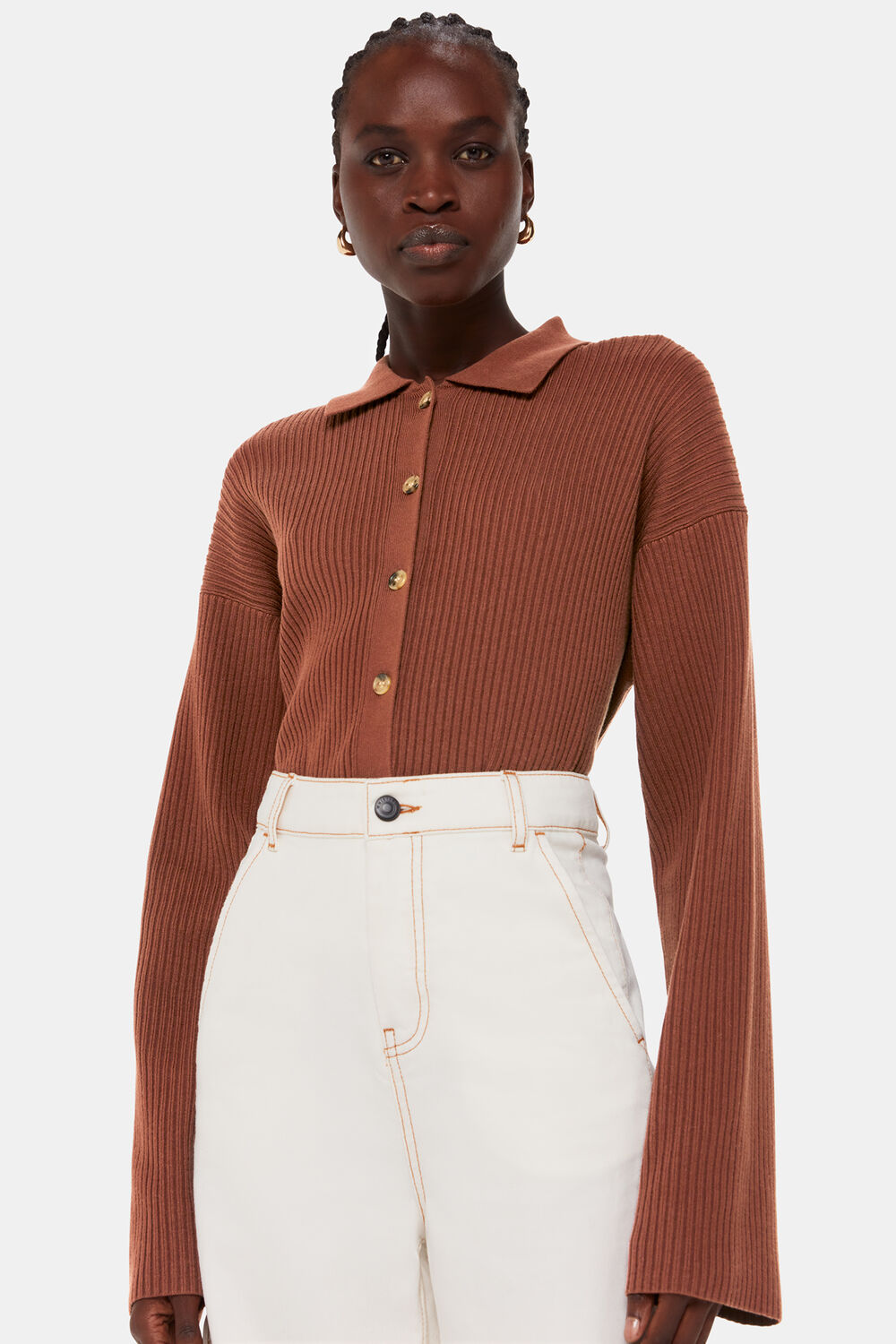 Brown Rib Collar Cardigan