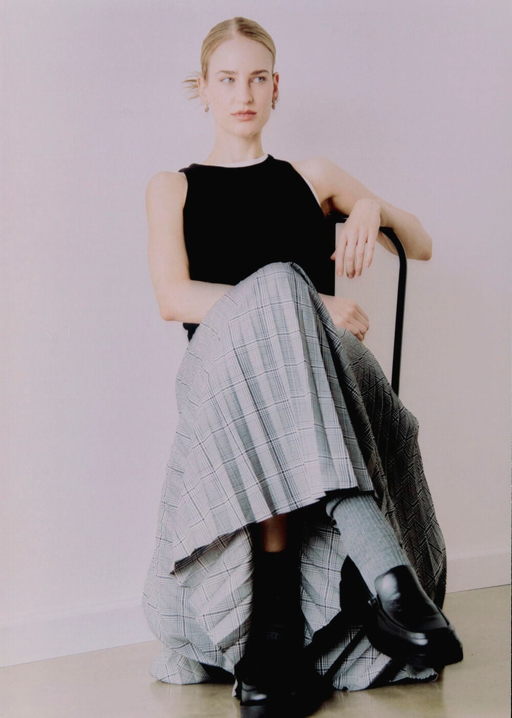 Grey Check Pleated Midi Skirt