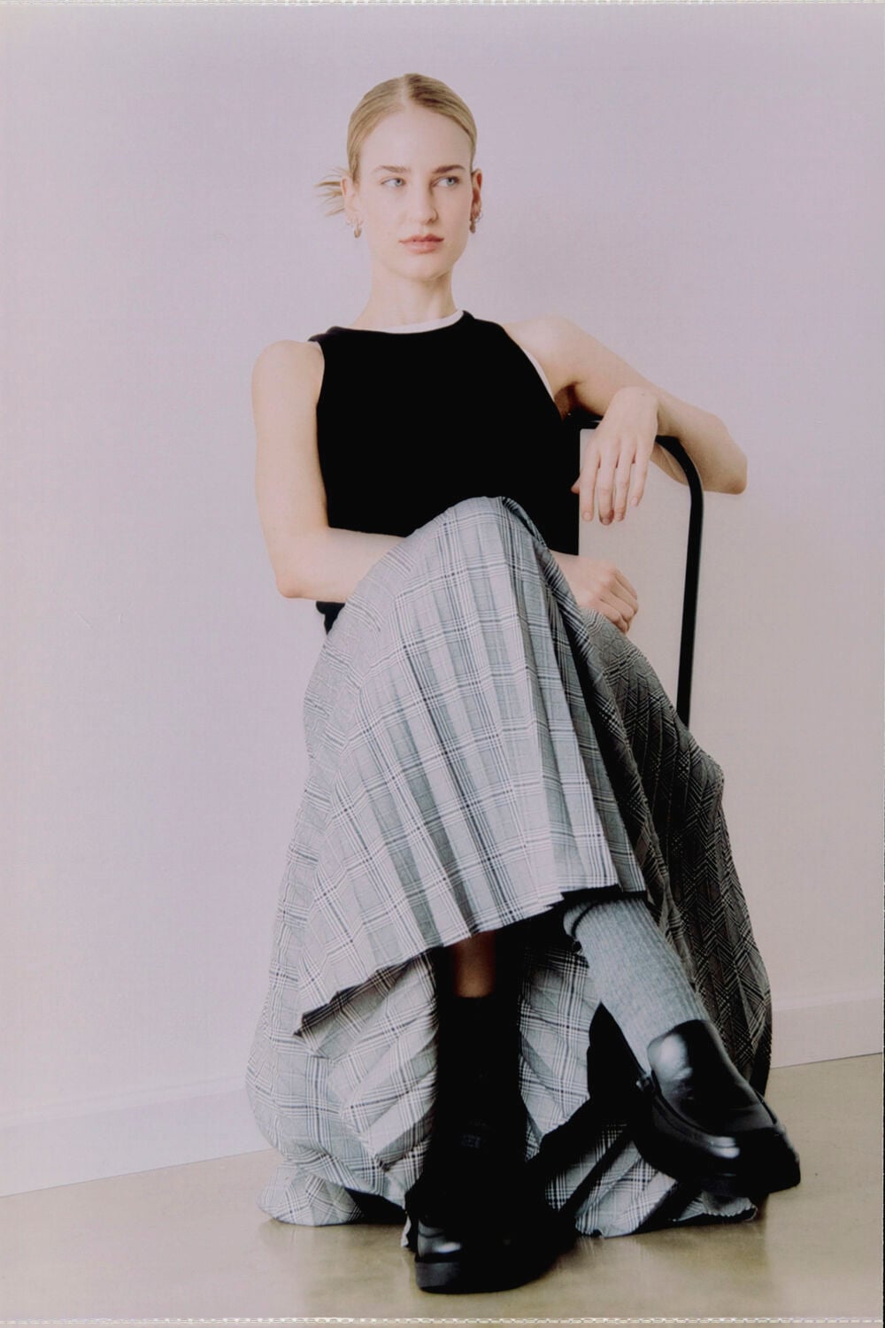 Grey Check Pleated Midi Skirt