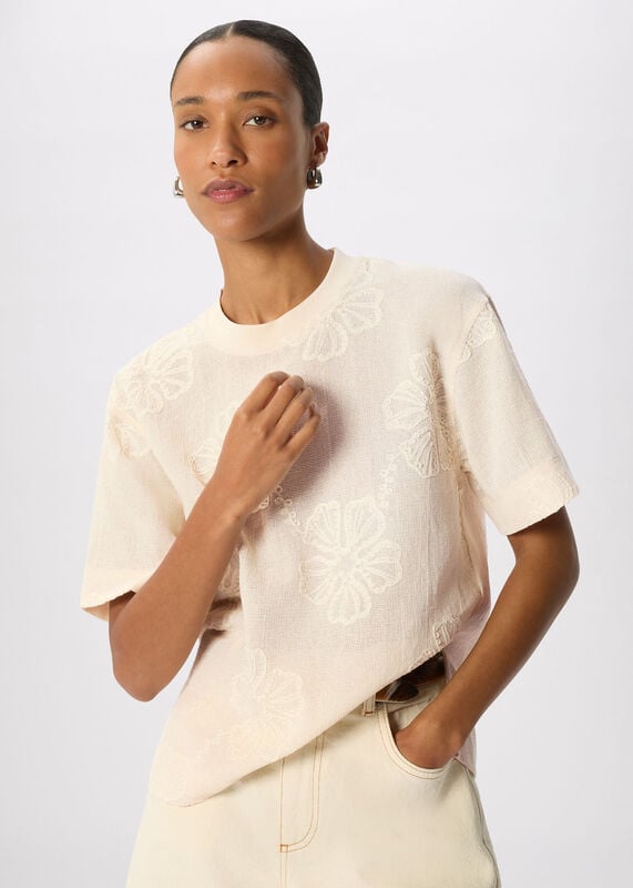 Ivory Textured Floral Jersey Top