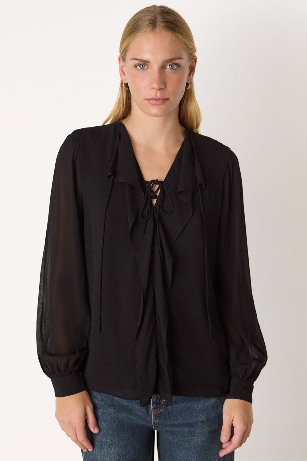 Sheer V Neck Frill Blouse