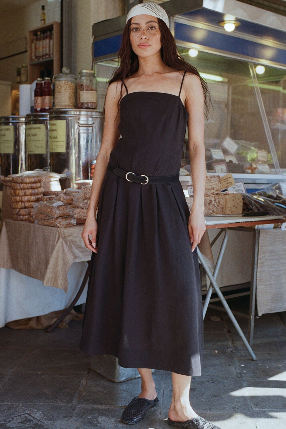 Black Linen Blend Waisted Midi Dress