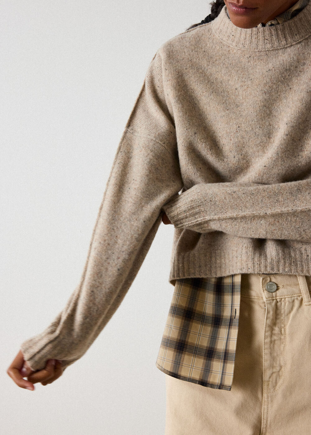 Neutral Wool Curved Hem Knit