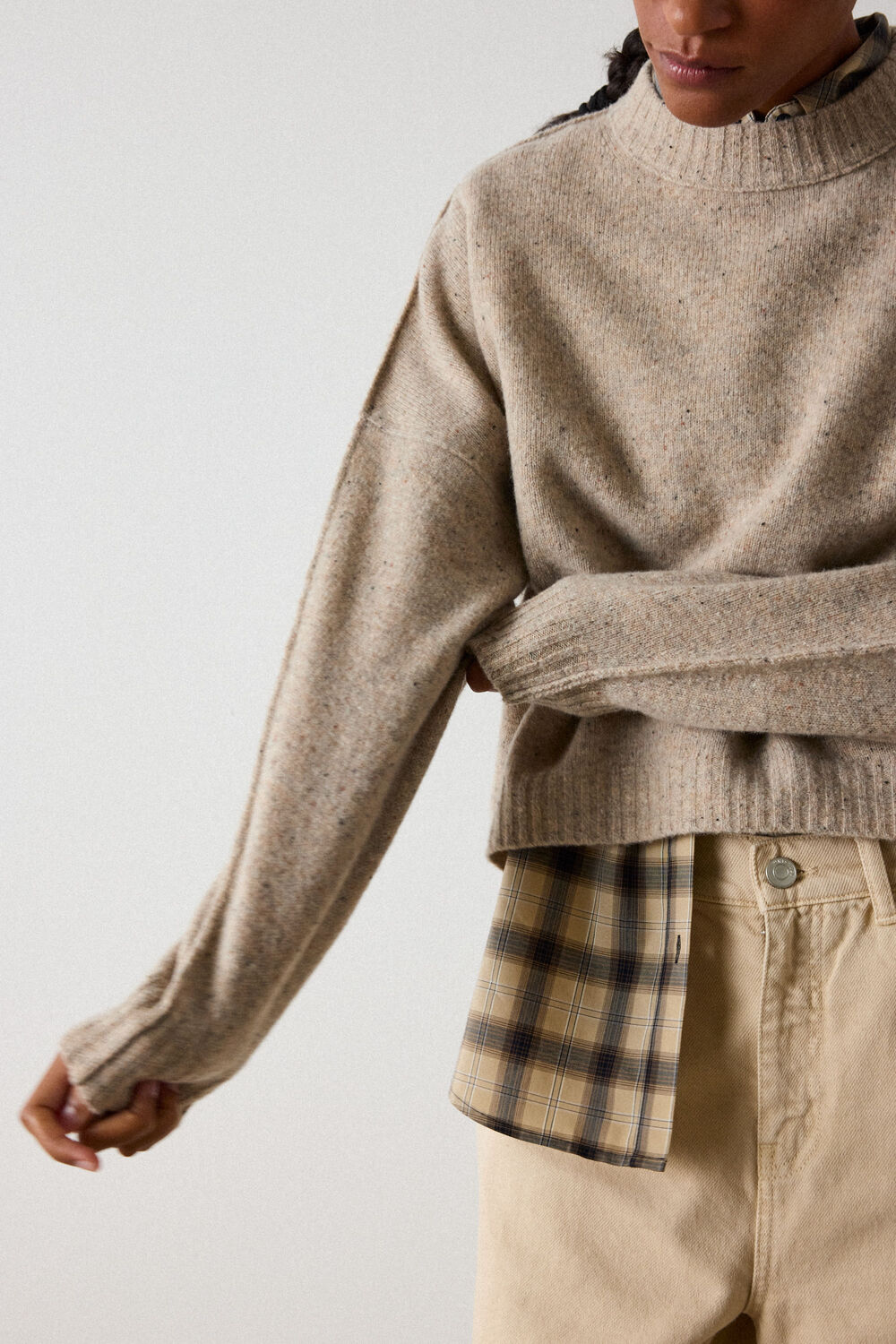 Neutral Wool Curved Hem Knit