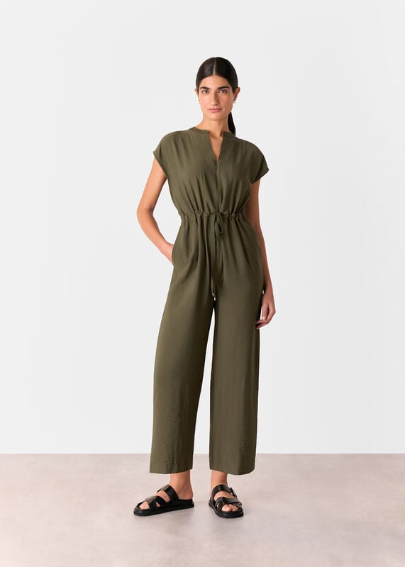 Khaki Petite Sleeveless Drawstring Jumpsuit