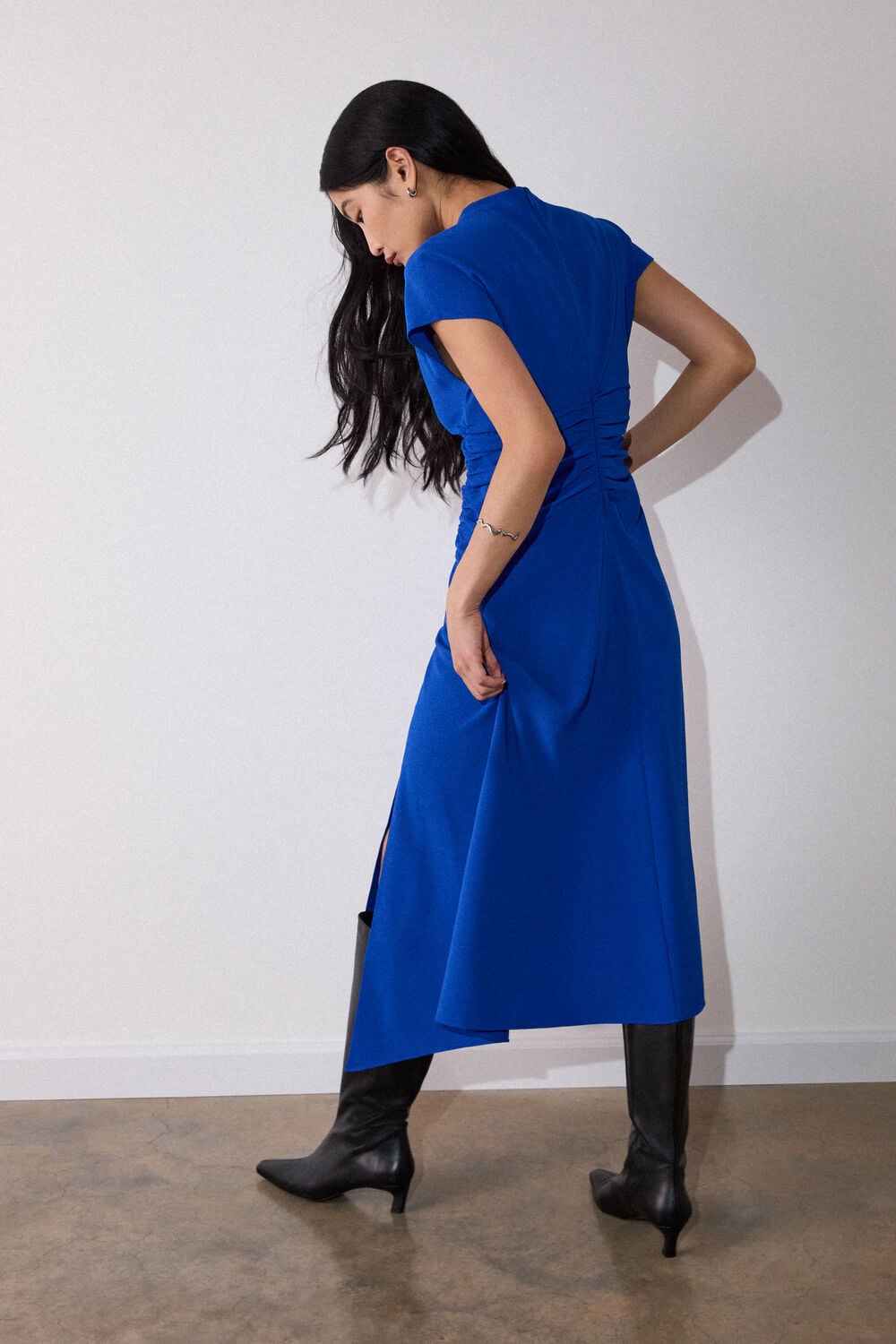 Blue Crepe Ruched Midi Dress