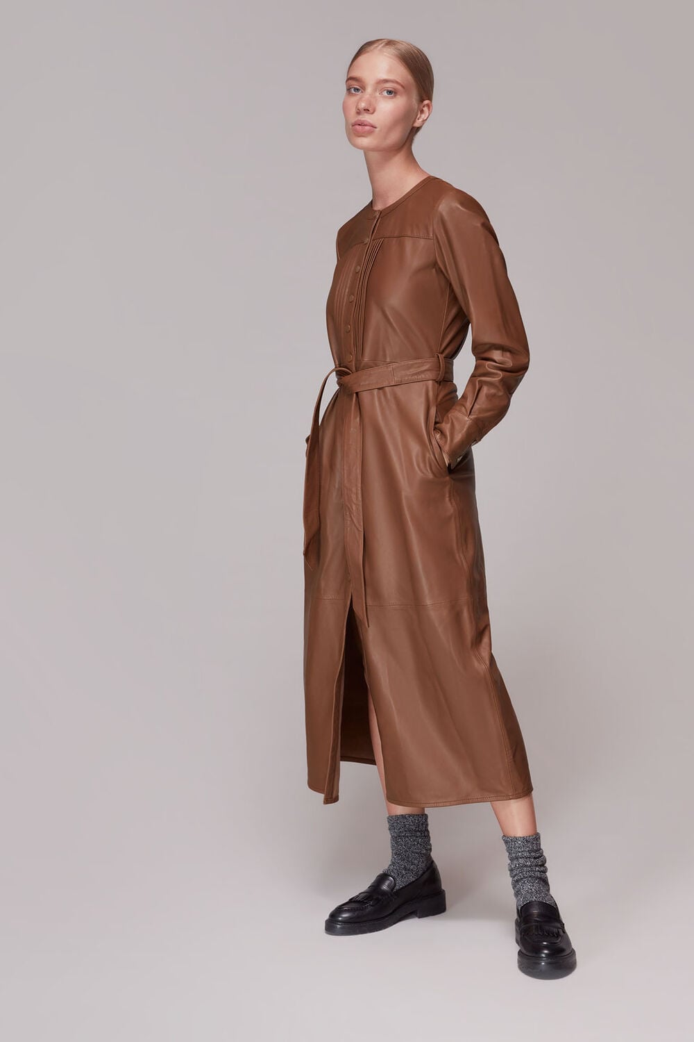 Toffee Pintuck Leather Midi Dress