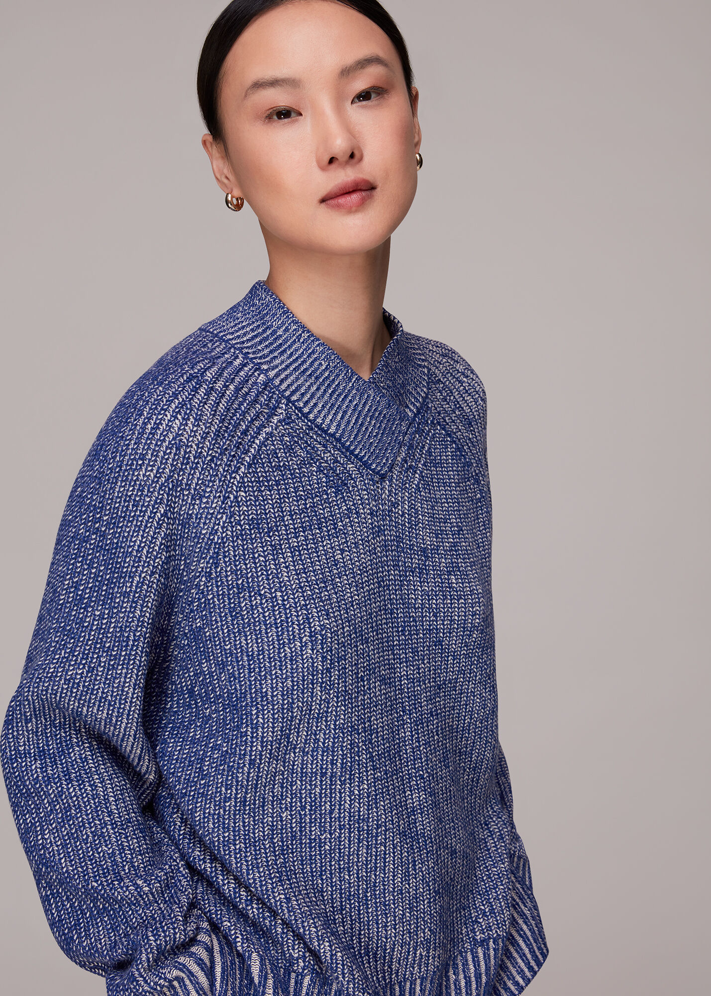 Blue Plated Rib V Neck Jumper | WHISTLES | Whistles US |