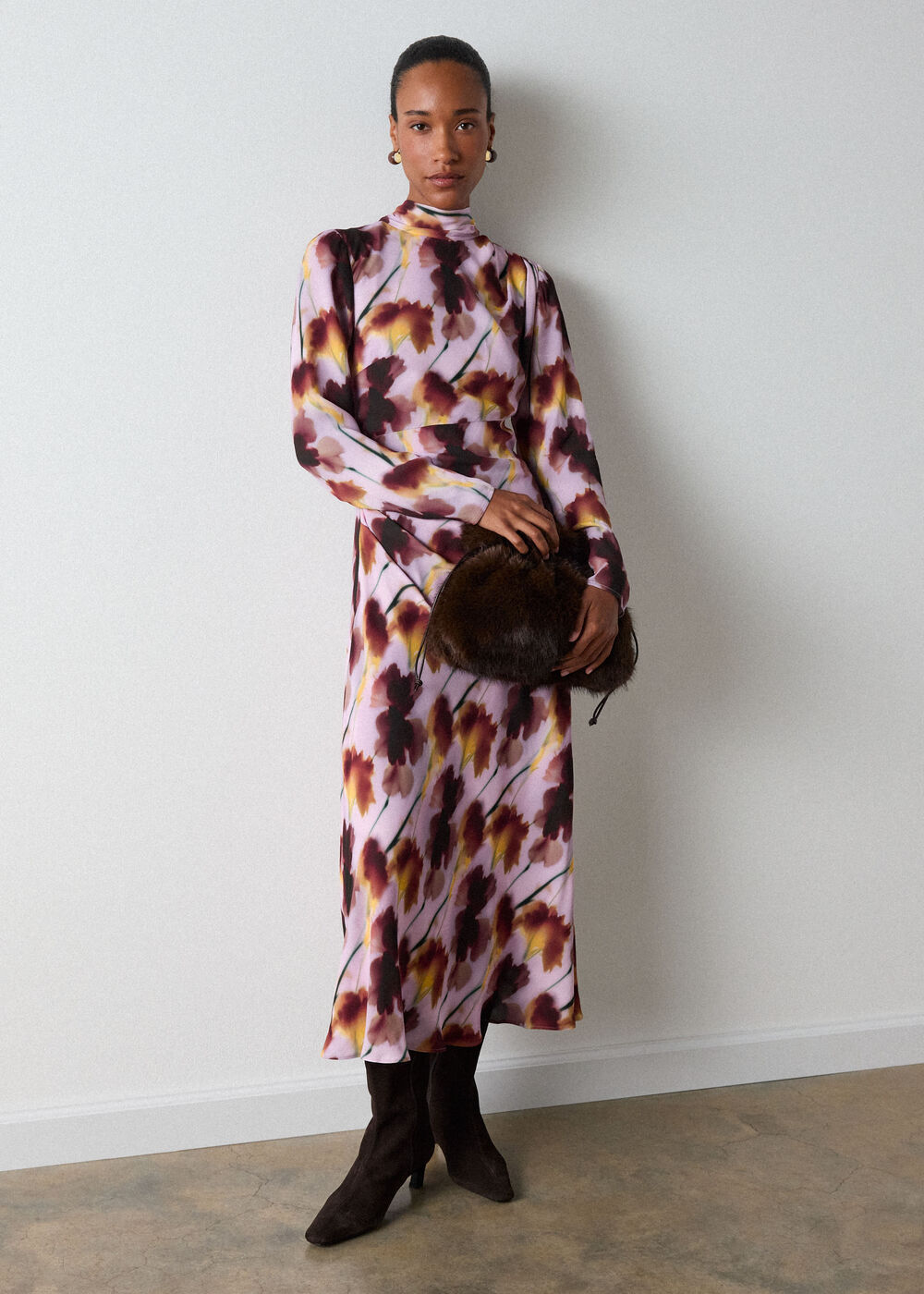 Pink Floral Stem Midi Scarf Dress