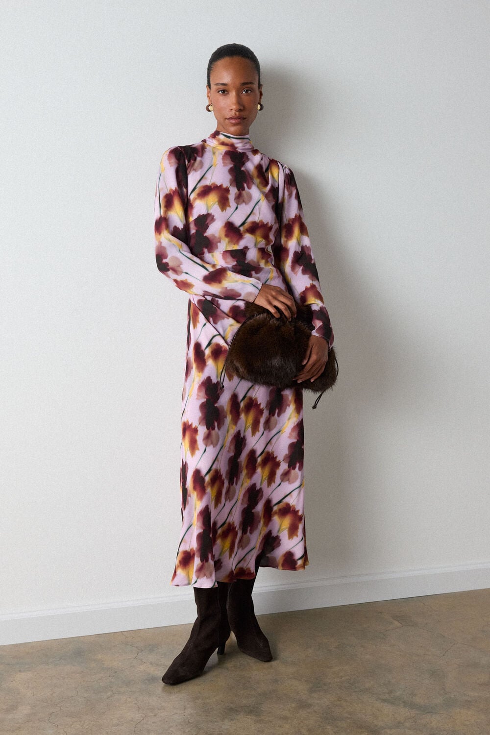 Pink Floral Stem Midi Scarf Dress