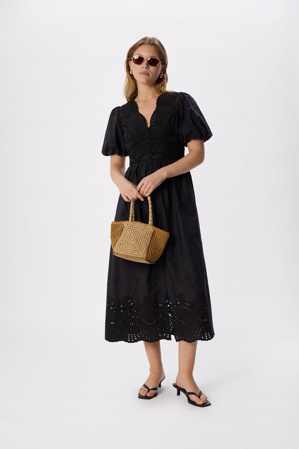 Black Cotton Broderie V Neck Dress