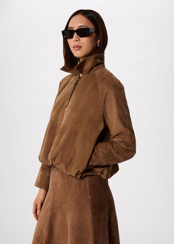 Taupe Gathered Suede Zip Jacket