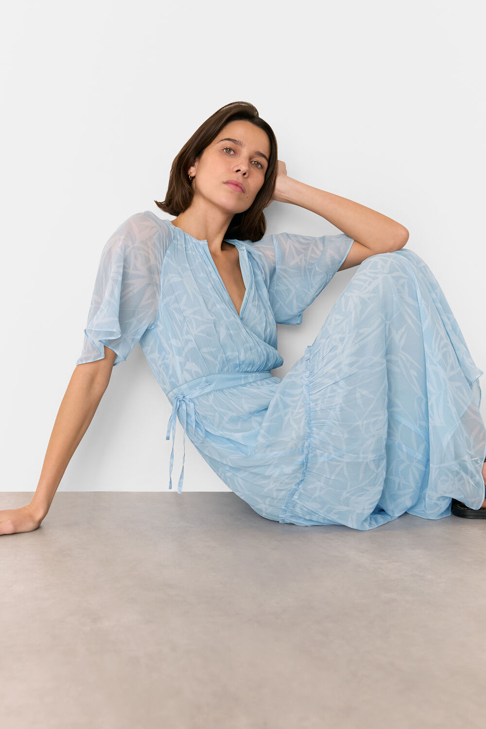 Blue Bamboo Leaves Gathered Dress