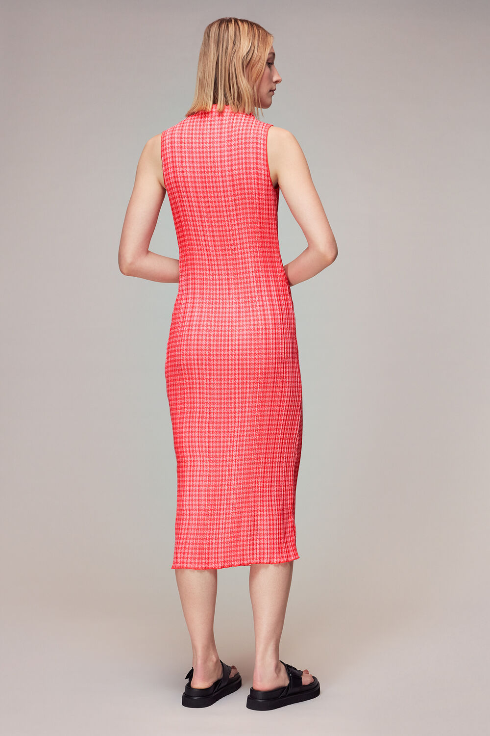 Pink Houndstooth Plisse Midi Dress