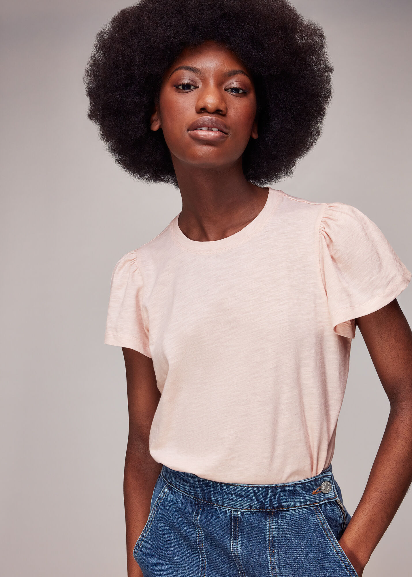 Pale Pink Cotton Frill Sleeve T-Shirt | WHISTLES |