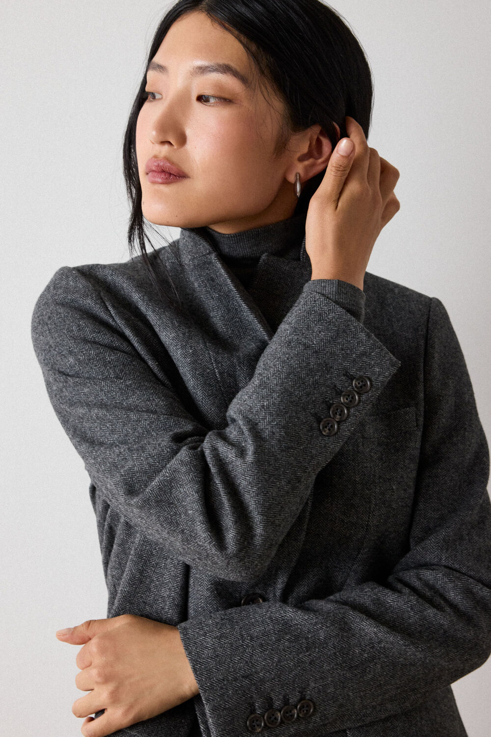 Grey Herringbone Wool Blend Blazer