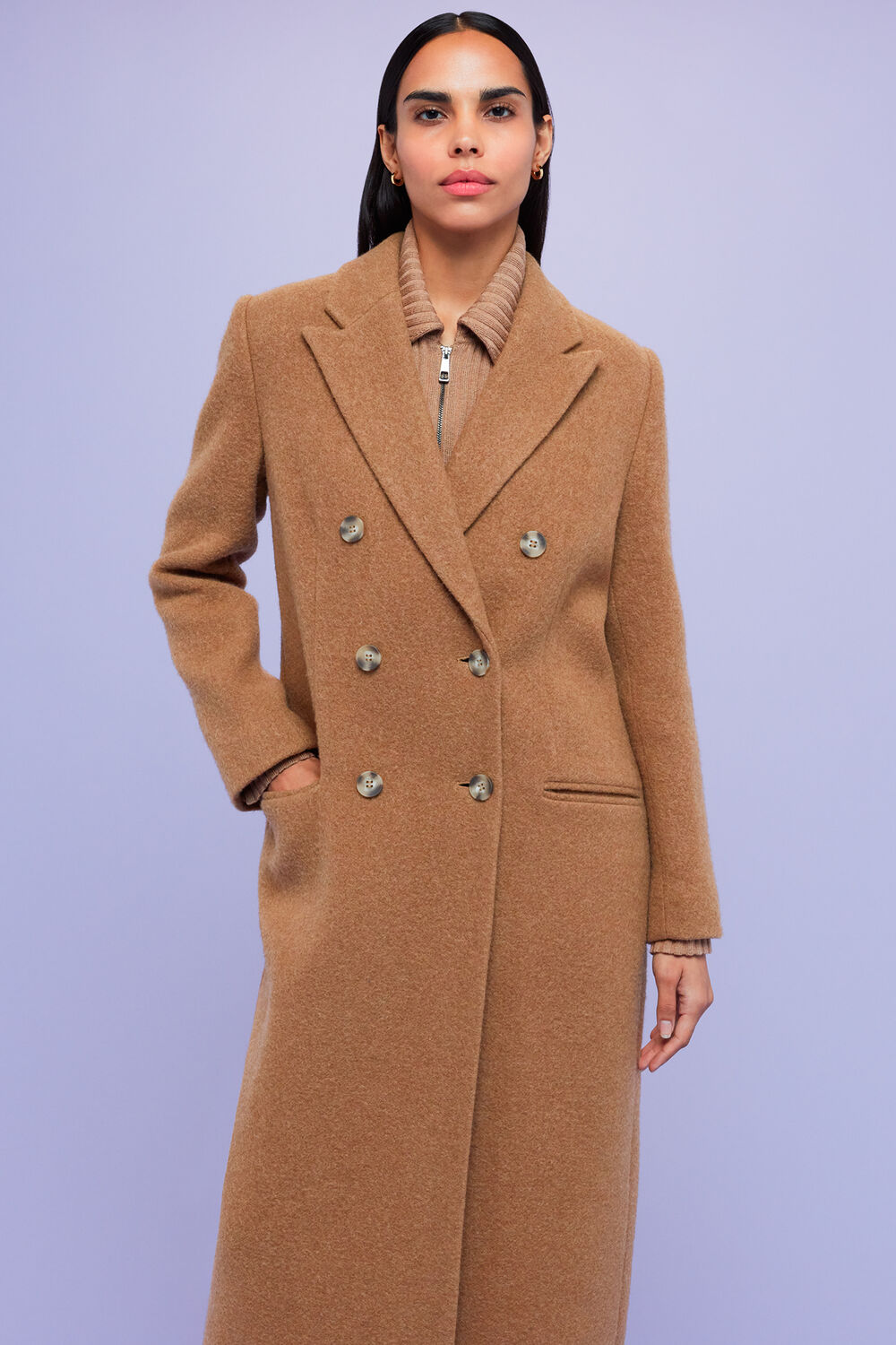 Camel Textured Wool Blend Coat