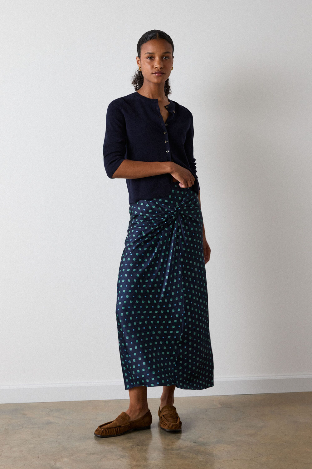 Navy Diamond Geo Twist Midi Skirt