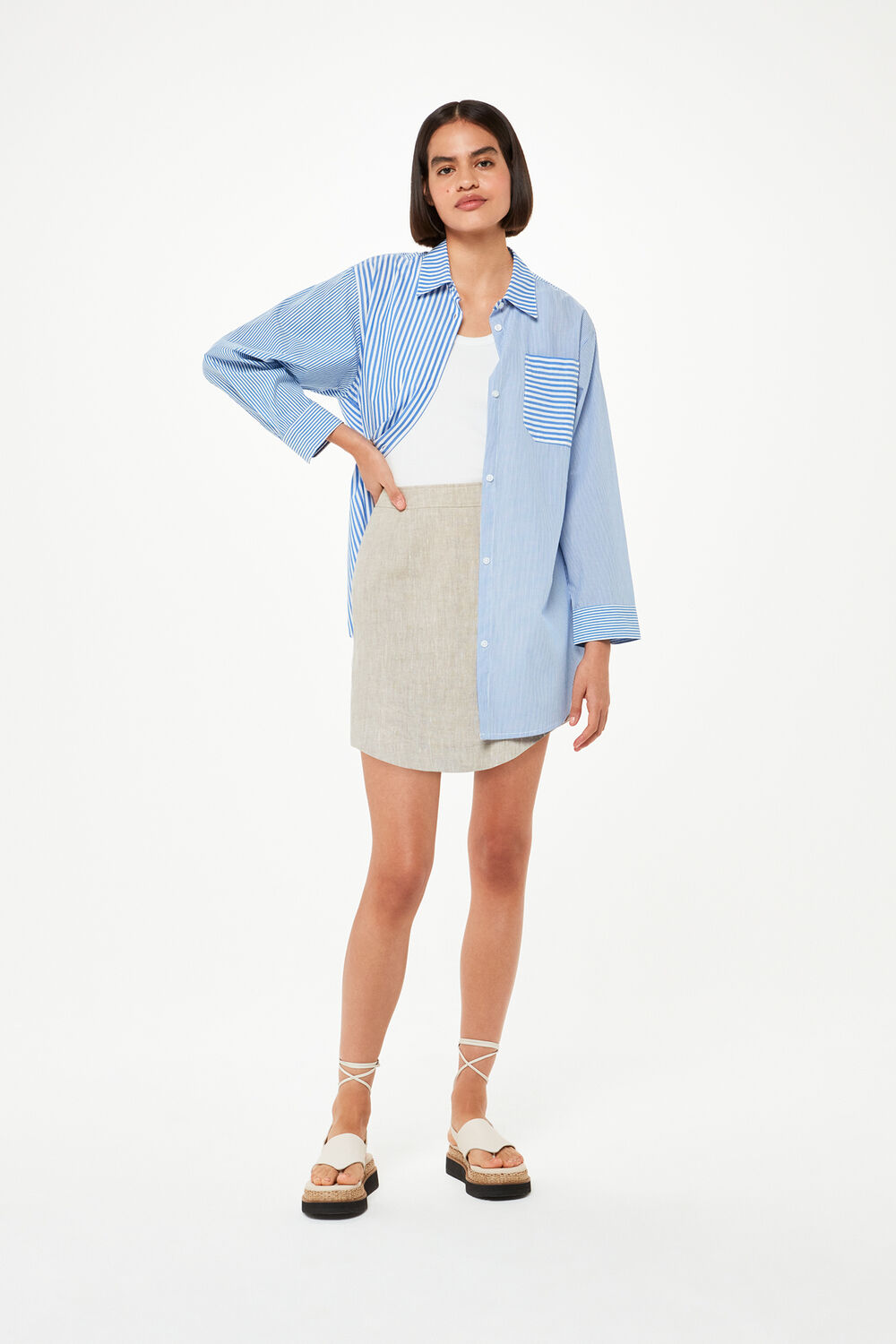 Oatmeal Curved Hem Linen Skirt