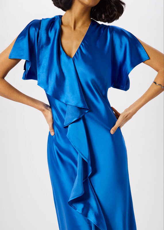Blue V Neck Ruffle Satin Dress