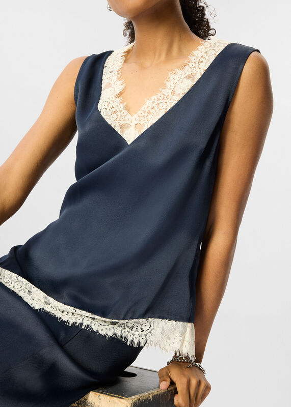 Navy Lace Trim Satin Cami Top