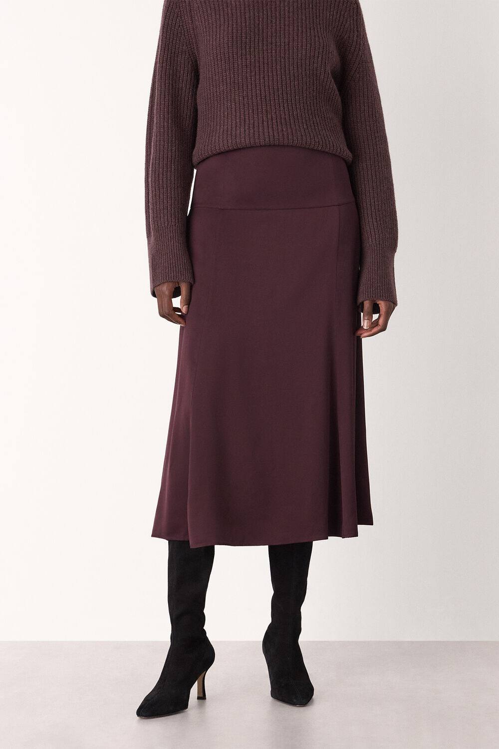 Burgundy Panel Waist Satin Midi Skirt