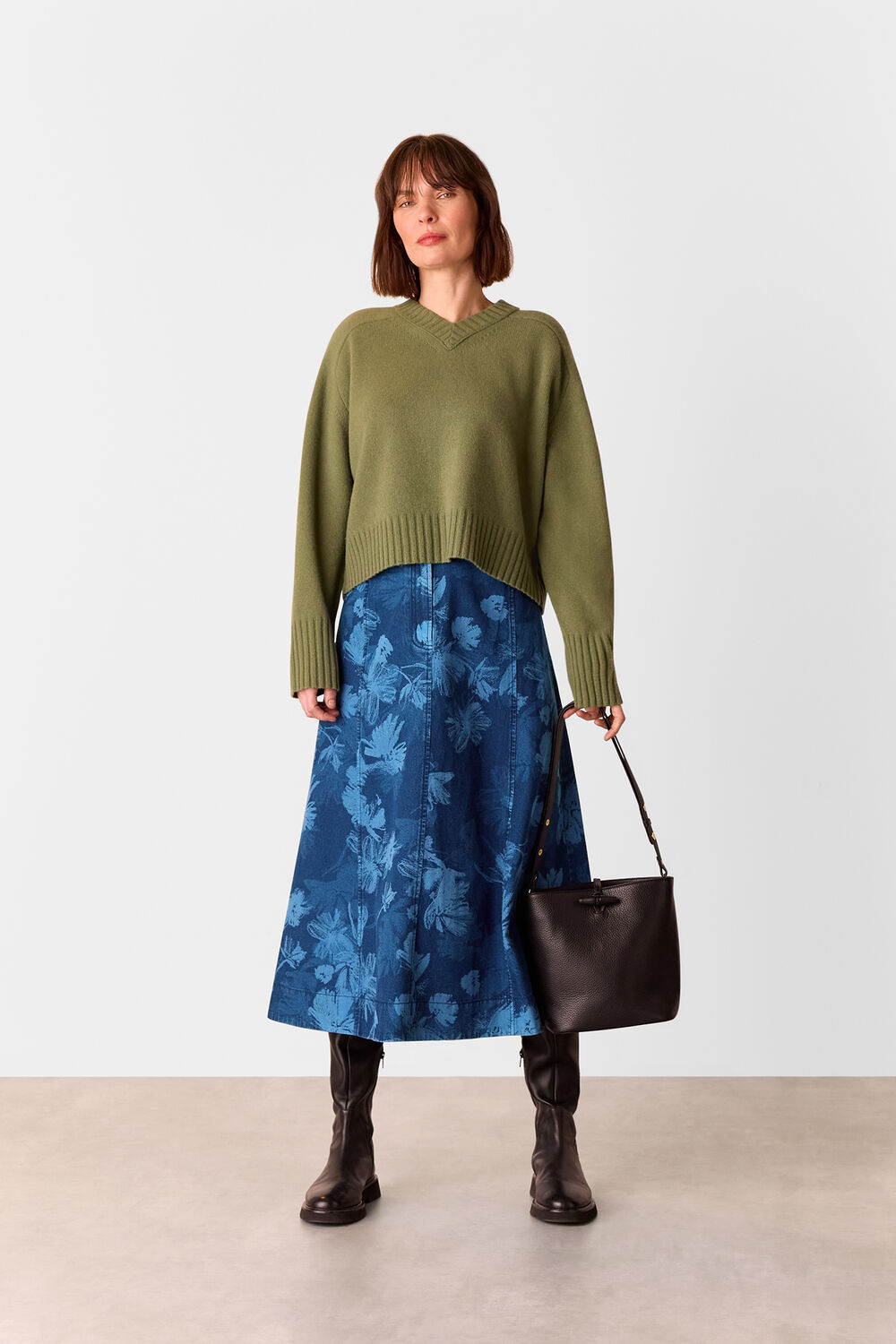 Denim Chalk Print Midi Skirt