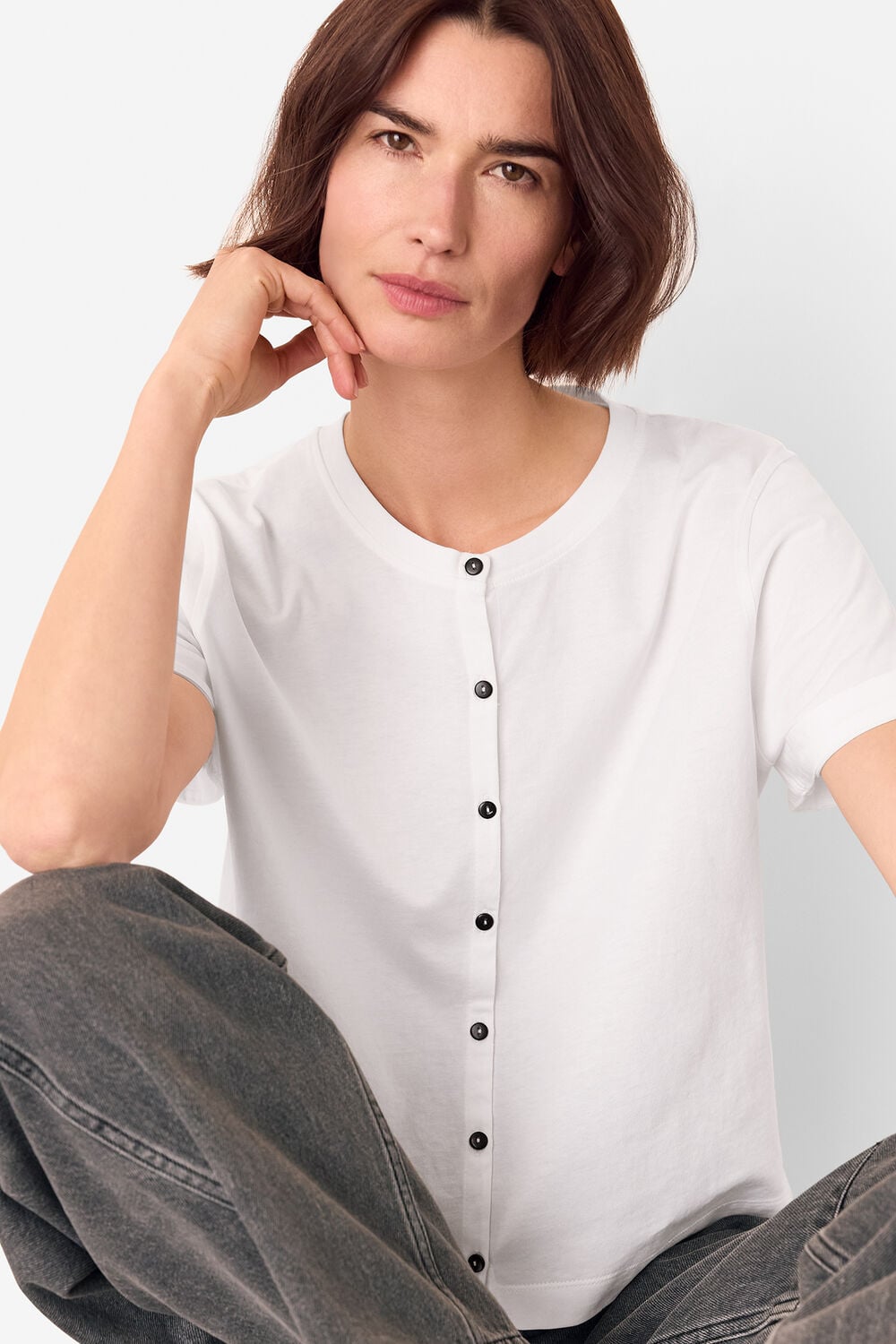 White Round Neck Button Up Tee