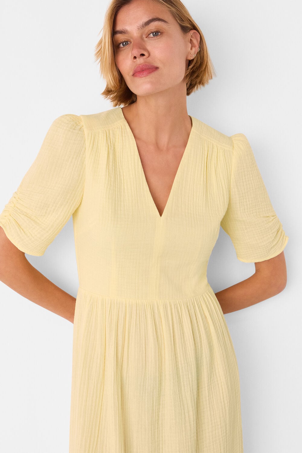 Yellow Textured Cotton Midi Dress