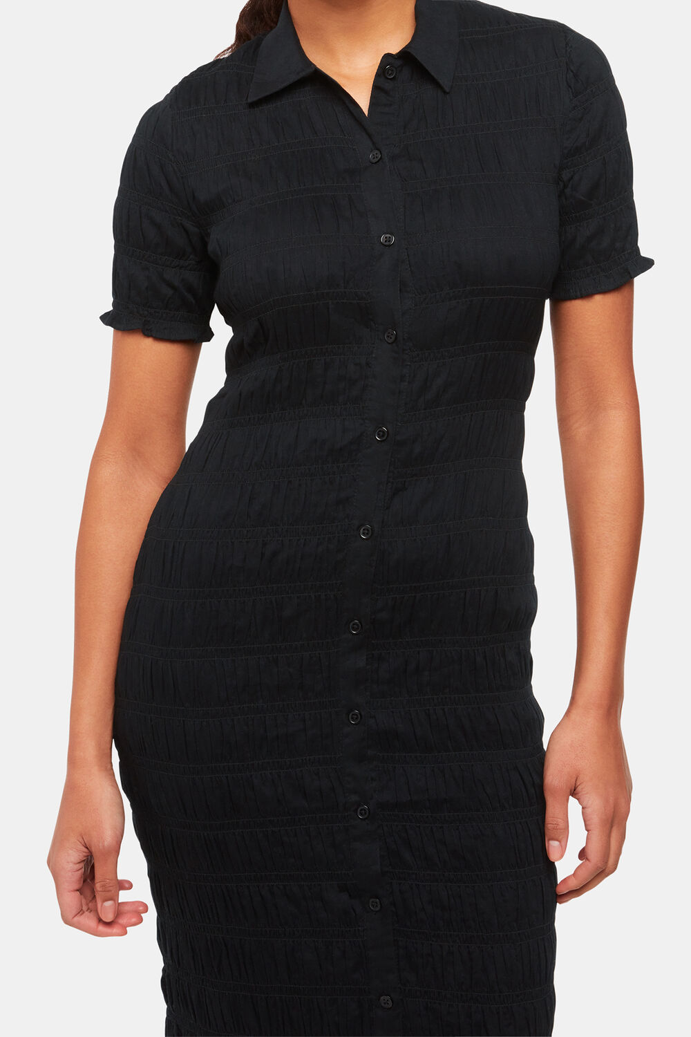 Black Monique Shirred Midi Dress