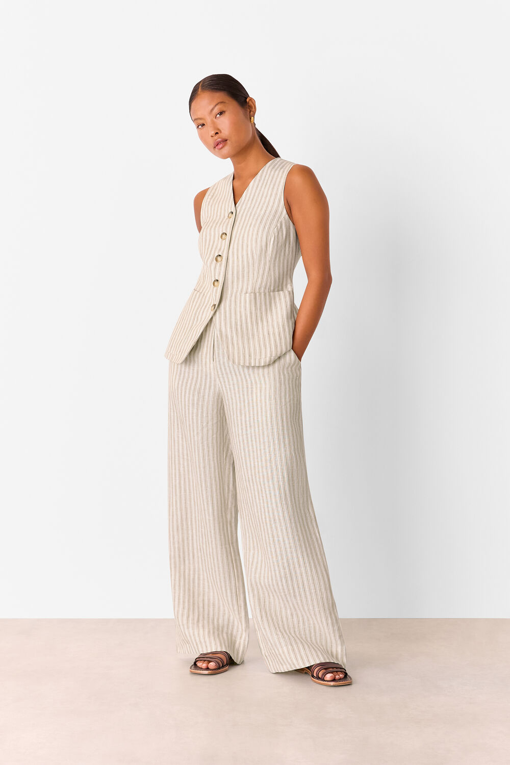 Neutral Petite Linen Stripe Trouser