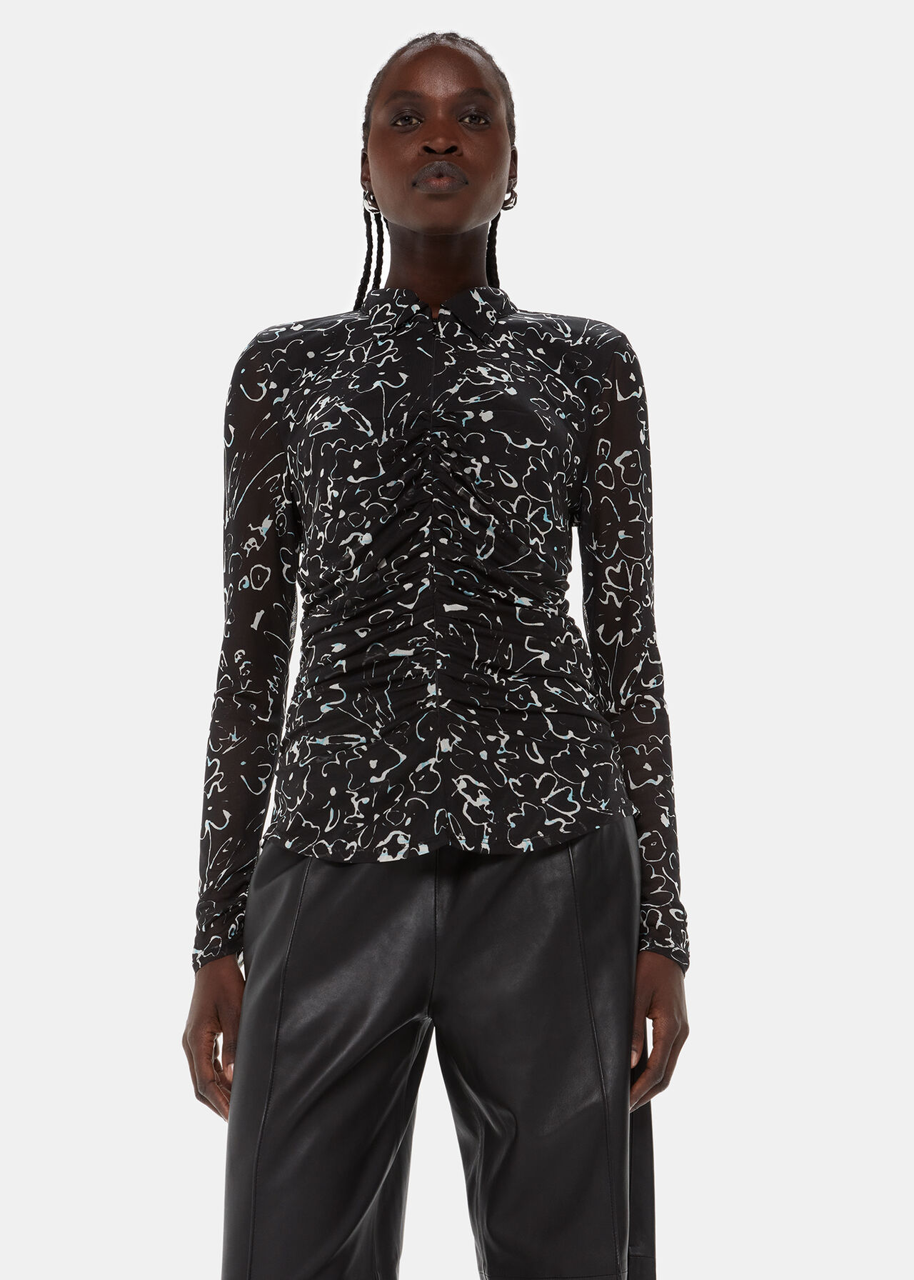 Black/Multi Scribble Bouquet Ruched Top | WHISTLES | Whistles UK