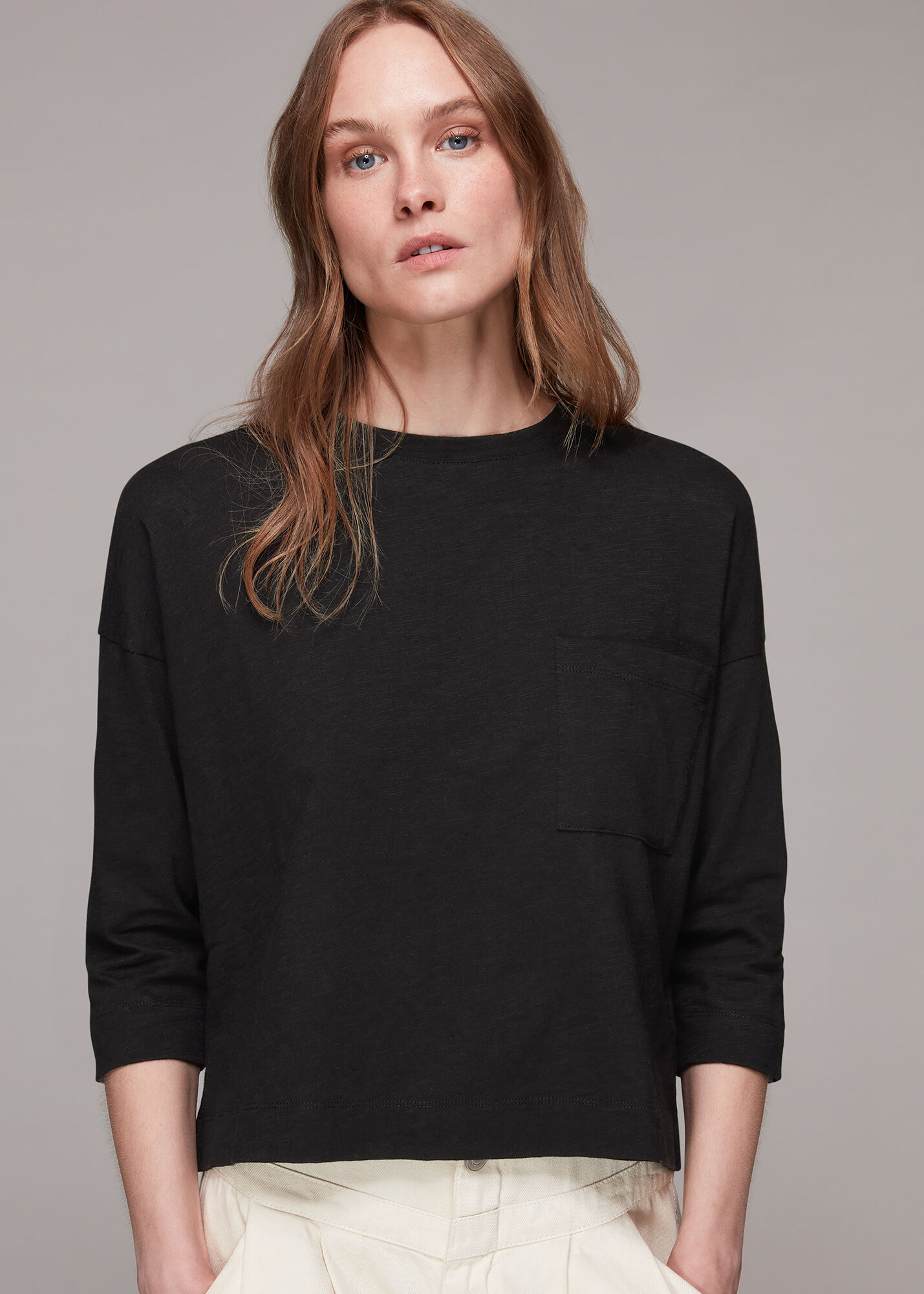 Black Long-Sleeve Top with Pocket | 100% Cotton | Whistles